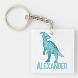 水彩青恐竜と子供の名前 キーホルダー