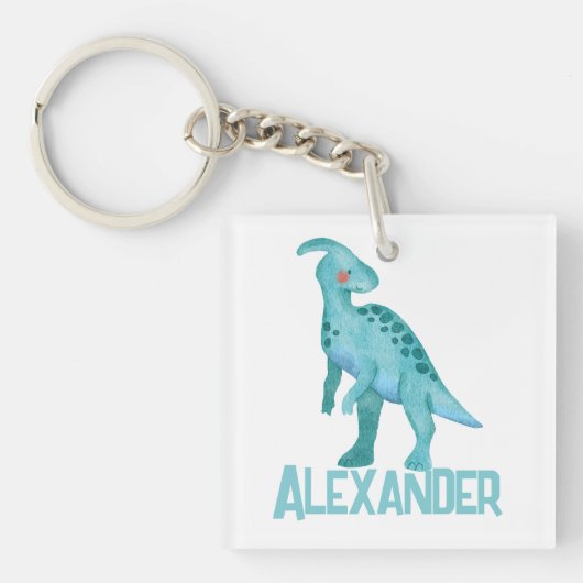 水彩青恐竜と子供の名前 キーホルダー (正面)