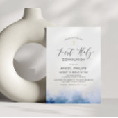 水彩青文字の最初の聖なる聖餐会 招待状