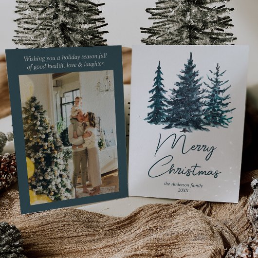 水彩青松の木写真クリスマス シーズンカード