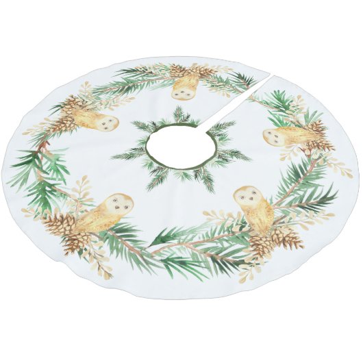 水彩青松フクロウズピーネコーンクリスマス ブラッシュドポリエステルツリースカート (アングル)