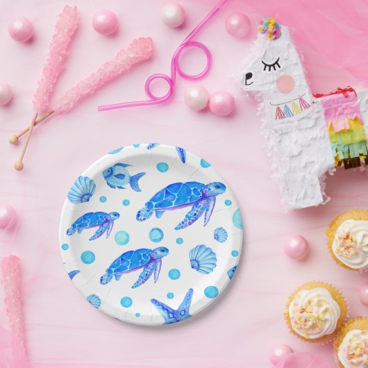 水彩青模様航海の亀の魚パーティー ペーパープレート (パーティー)