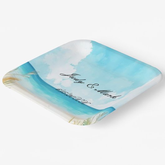 水彩青海ビーチ結婚式 ペーパープレート (傾斜あり)