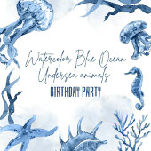 水彩青海海中動物誕生日 招待状