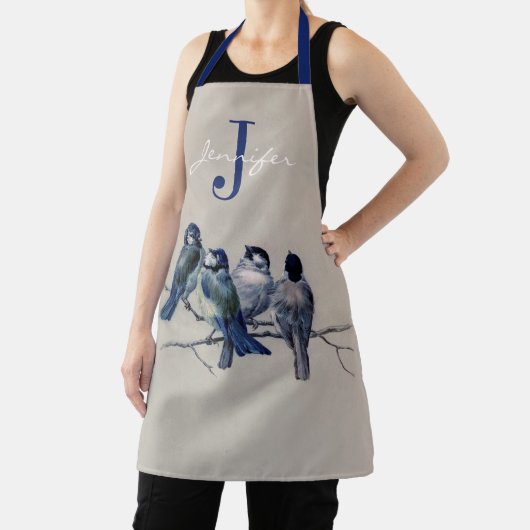 水彩青灰色の鳥モノグラム名前をカスタムする エプロン (インサイチュ)