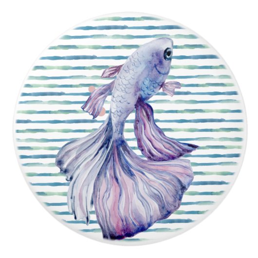 水彩青熱帯魚ビーチ休暇 セラミックノブ (正面)