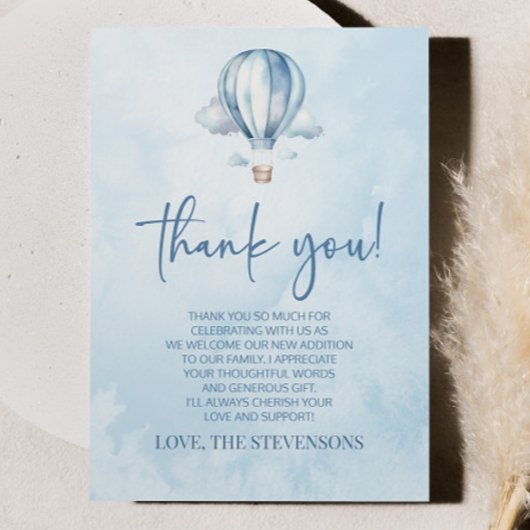 水彩青熱気球ベビーシャワー サンキューカード
