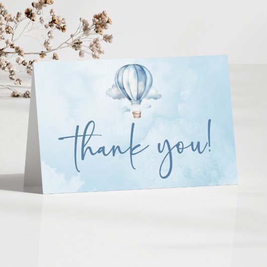 水彩青熱気球ベビーシャワー サンキューカード