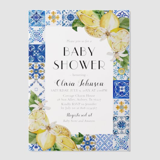 水彩青瓦レモン赤ちゃんイタリアンシャワー ベラム紙招待状 (正面)