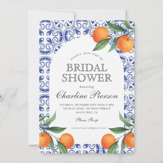 水彩青瓦地中海のブライダルシャワー 招待状 (正面)