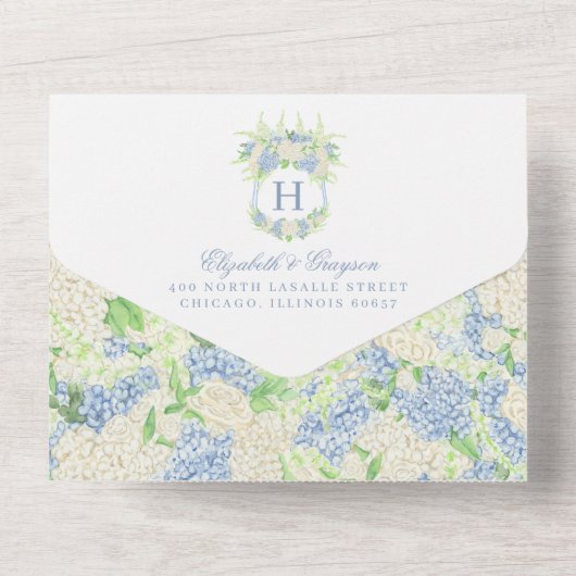 水彩青白あじさい結婚の オールインワン招待状 (裏面)