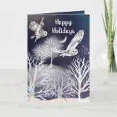 水彩青白の雪の木とフクロウのクリスマス シーズンカード (正面)