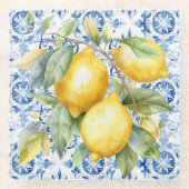 水彩青白イタリアン瓦とレモン ガラスコースター (正面)
