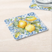 水彩青白イタリアン瓦とレモン スクエアペーパーコースター (アングル)