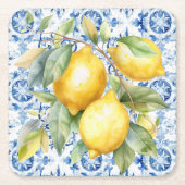 水彩青白イタリアン瓦とレモン スクエアペーパーコースター (正面)