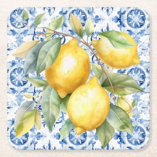 水彩青白イタリアン瓦とレモン スクエアペーパーコースター (正面)