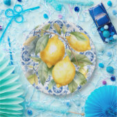 水彩青白イタリアン瓦とレモン ペーパープレート (パーティー)