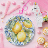 水彩青白イタリアン瓦とレモン ペーパープレート (パーティー)