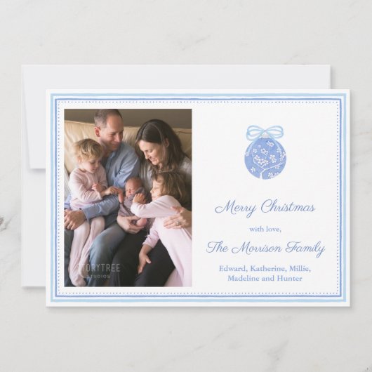 水彩青白オーナメントクリスマスフォト シーズンカード (正面)