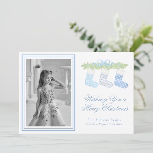 水彩青白クリスマスストッキング写真 シーズンカード (スタンド正面)