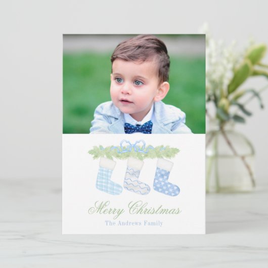 水彩青白クリスマスストッキング写真 シーズンカード (スタンド正面)