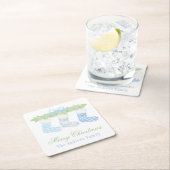 水彩青白クリスマスストッキング スクエアペーパーコースター (インサイチュ)