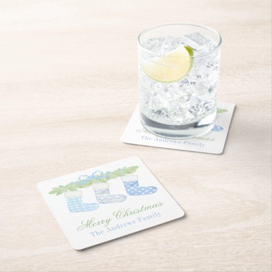 水彩青白クリスマスストッキング スクエアペーパーコースター (インサイチュ)