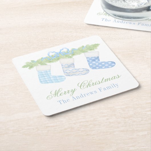 水彩青白クリスマスストッキング スクエアペーパーコースター (アングル)