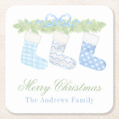 水彩青白クリスマスストッキング スクエアペーパーコースター (正面)