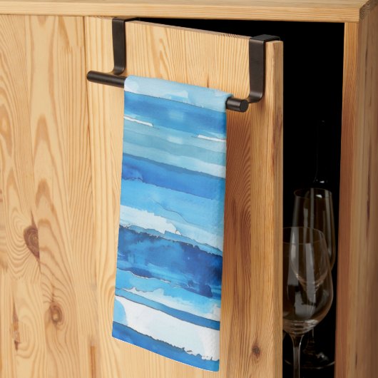 水彩青白ストライプの キッチンタオル (三つ折り)