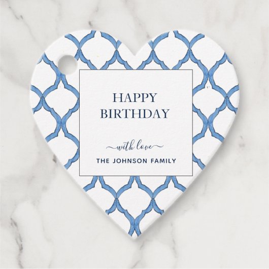 水彩青白ハート形状ハッピーバースデー フェイバータグ (正面)