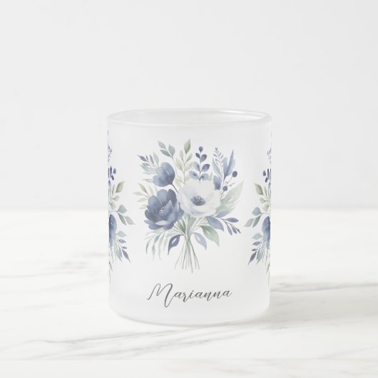 水彩青白フローラブーケ フロストグラスマグカップ (中央)