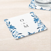 水彩青白フローラ結婚モノグラム スクエアペーパーコースター (アングル)