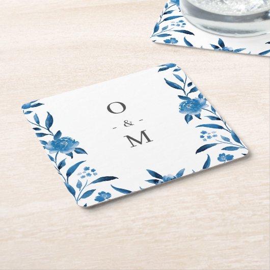 水彩青白フローラ結婚モノグラム スクエアペーパーコースター (アングル)