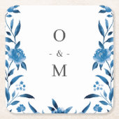 水彩青白フローラ結婚モノグラム スクエアペーパーコースター (正面)