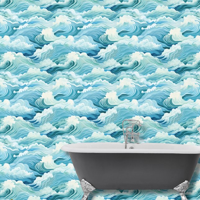 水彩青白抽象海波沿岸 壁紙 (クリエイターアップロード済み)