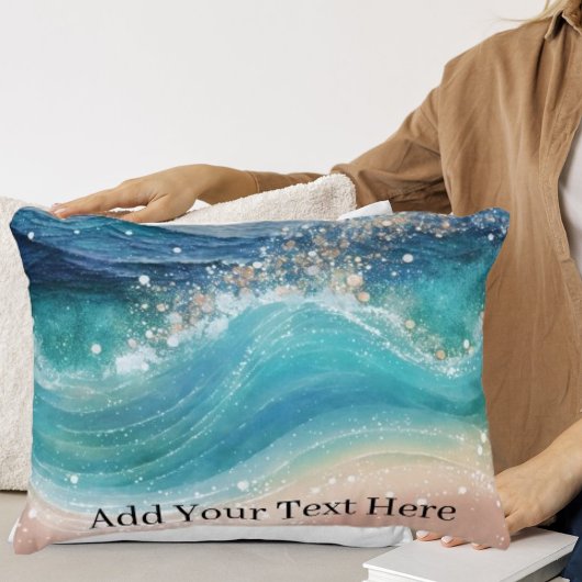 水彩青白海波カスタム写真名 アクセントクッション