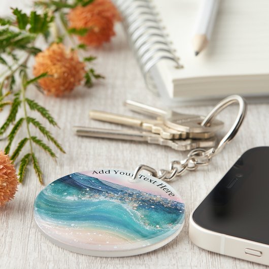 水彩青白海波カスタム写真名 キーホルダー