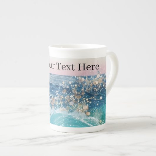 水彩青白海波カスタム写真名 ボーンチャイナマグカップ (正面右)