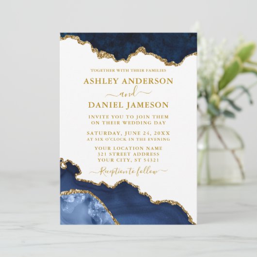 水彩青白金ゴールド大理石の写真 招待状 (スタンド正面)