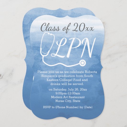 水彩青看護LPNナース卒業パーティ 招待状 (正面/裏面)
