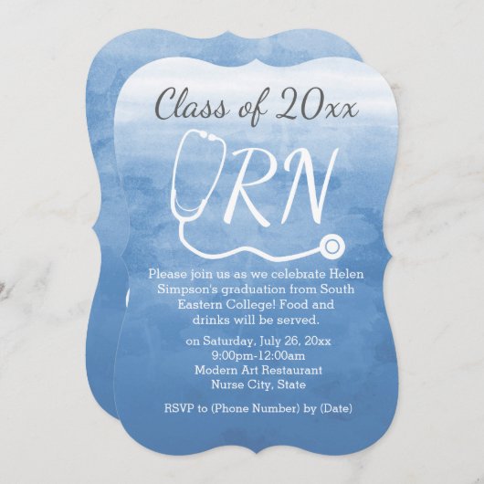 水彩青看護RNナース卒業パーティー 招待状 (正面/裏面)