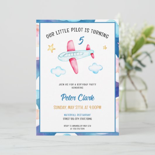水彩青空かわいい飛行機5誕生日 招待状 (スタンド正面)
