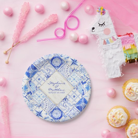 水彩青素朴白タイルダイヤモンド ペーパープレート (パーティー)