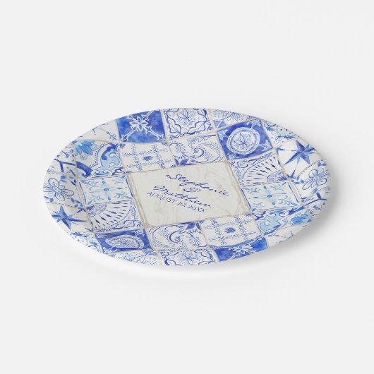 水彩青素朴白タイルダイヤモンド ペーパープレート (アングル)