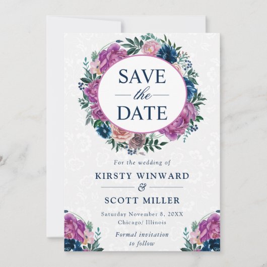 水彩青紫色の夏のリース結婚 セーブザデート (正面)