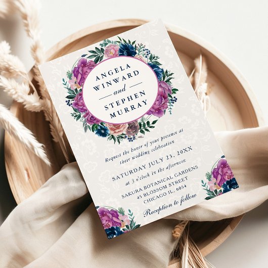 水彩青紫色の夏のリース結婚 招待状