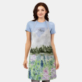 水彩青紫色の花草山 エプロン (着用した状態)