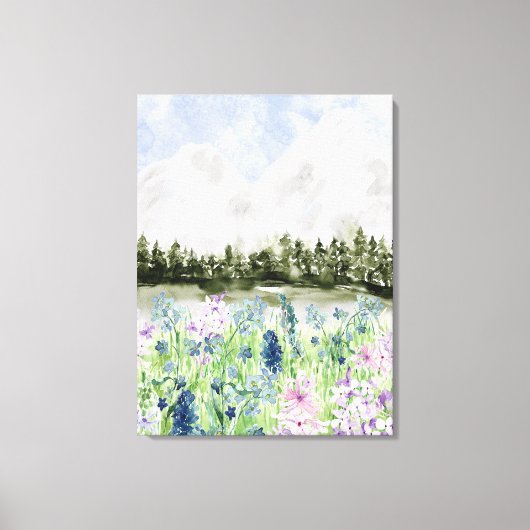 水彩青紫色の花草山 キャンバスプリント (正面)
