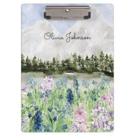 水彩青紫色の花草山 クリップボード